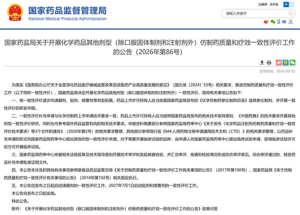 国家药监局发布《关于开展化学药品其他剂型（除口服固体制剂和注射剂外）仿制药质量和疗效一致性评价工作的公告》。